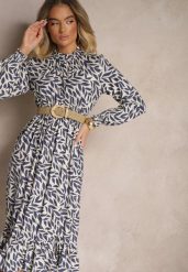 Niebieska Rozkloszowana Sukienka z Gumką w Talii Zdobiona Falbankami Ridirina. Niebieskie sukienki damskie Renee, na co dzień, m, z aplikacjami, eleganckie, bez kołnierzyka, bez ramiączek, midi, rozkloszowane. W wyprzedaży za 95.99 zł.