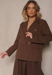 Brązowa Marynarka Dwurzędowa z Usztywnionymi Ramionami Emivori. Brązowe marynarki i żakiety damskie Renee, l, bez wzorów, z jeansu, eleganckie. Za 109.99 zł.
