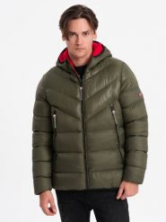 Pikowana nowoczesna kurtka męska z łączonych materiałów – ciemnooliwkowa V3 OM-JAHP-0145 - XXL. Zielone kurtki męskie Ombre Clothing, l, bez wzorów, z materiału, bez kaptura. W wyprzedaży za 169.99 zł.