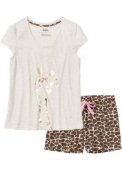 Piżama z krótkimi spodenkami z foliowym nadrukiem. Brązowe piżamy damskie bonprix, bez wzorów, bez ramiączek. Za 59.99 zł.