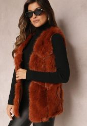 Brązowo-Pomarańczowa Futrzana Kamizelka z Wstawkami z Ekoskóry Lewja. Brązowe kamizelki damskie Renee, l, z futra. Za 189.99 zł.