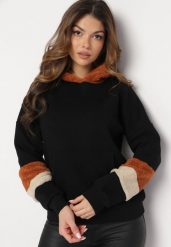 Czarna Bluza z Kapturem i Futrzanymi Wstawkami Pyroxis. Czarne bluzy z kapturem damskie Born2be, z futra. Za 89.99 zł.