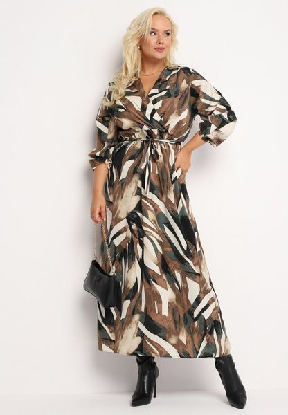 Beżowa Rozkloszowana Sukienka z Gumką w Pasie Merlina. Brązowe sukienki damskie Born2be, l, bez wzorów, z materiału, bez kołnierzyka, plus size, bez ramiączek, maxi, kopertowe. Za 99.99 zł.