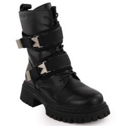 Skórzane workery damskie z klamrami czarne Big Star OO274A274. Czarne botki damskie retro, bez obcasa, bez zapięcia. Za 359.10 zł.