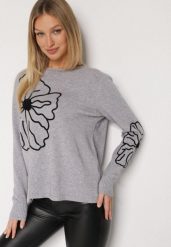 Szary Sweter Ozdobiony Haftowanymi Kwiatami Halatusea. Szare swetry klasyczne damskie Born2be, z jeansu, bez kołnierzyka. Za 69.99 zł.