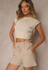 Beżowe Szorty z Bawełną High Waist z Ozdobnym Sznurkiem Axemia. Brązowe szorty damskie Renee, bez wzorów, z bawełny, eleganckie, z podwyższonym stanem. Za 49.99 zł.