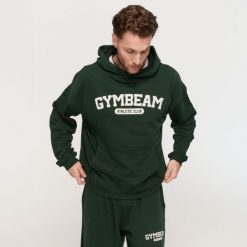 Bluza męska fitness z kapturem zielona Varsity. Zielone bluzy sportowe męskie GYMBEAM, bez wzorów, z bawełny, bez kołnierzyka, bez ramiączek. Za 139.90 zł.
