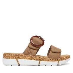 Klapki Rieker. Brązowe klapki damskie Rieker, bez wzorów, bez obcasa. Za 239.99 zł.