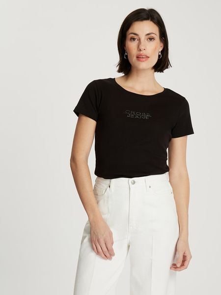 Cross Jeans Koszulka w kolorze czarnym rozmiar: XL. Czarne bluzki damskie Cross Jeans, xl, bez wzorów, z bawełny, bez kołnierzyka, bez ramiączek. Za 61.02 zł.