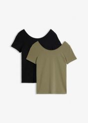 T-shirt z głębokim dekoltem na plecach (2 szt.). Czerwone t-shirty damskie bonprix, bez wzorów, bez kołnierzyka. Za 32.99 zł.