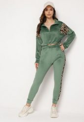 Zielony Welurowy Komplet Dresowy Krótka Bluza i Spodnie z Wstawkami w Cętki Kilima. Zielone bluzy bez kaptura damskie Born2be, m, z dresówki. Za 79.99 zł.