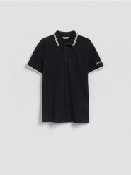 Koszulka polo slim - czarny. Czarne koszulki polo męskie Reserved, l, bez wzorów, z bawełny, bez ramiączek. Za 89.99 zł.