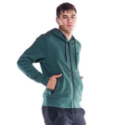 Męska, miękka bluza z kapturem i zamkiem błyskawicznym z ikoną lwa. Zielone bluzy sportowe męskie LEONE 1947 APPAREL, bez wzorów, z tkaniny, sportowe, bez kołnierzyka, bez ramiączek. W wyprzedaży za 195.65 zł.