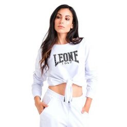 Luksusowa damska bluza wiązana z okrągłym dekoltem. Białe bluzy sportowe damskie LEONE 1947 APPAREL, l, bez wzorów, z tkaniny, bez ramiączek, bez kaptura. Za 136.83 zł.