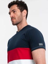 T-shirt męski trójkolorowy w szerokie pasy - granatowo-biały V1. Niebieskie t-shirty męskie Ombre Clothing, m, z aplikacjami, z bawełny, bez kołnierzyka. W wyprzedaży za 19.99 zł.
