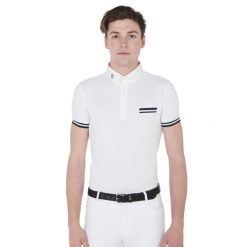 Męska koszulka polo slim fit z czarnymi wstawkami do zawodów. Białe koszulki polo męskie EQUESTRO, na lato, m, bez wzorów, z bawełny, bez ramiączek. Za 253.50 zł.