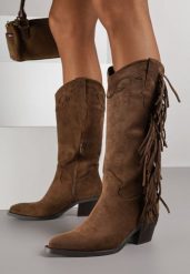Brązowe Kozaki Kowbojki na Stożku Ozdobione Frędzlami Reianeva. Brązowe kozaki damskie Renee, z jeansu, bez obcasa, na obcasie. Za 149.99 zł.