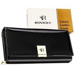 Skórzany, duży portfel damski w czarnym kolorze zamykany na zatrzask - Rovicky. Czarne portfele damskie ROVICKY, bez wzorów, ze skóry. Za 99.99 zł.