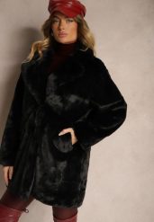 Czarny Klasyczny Płaszcz Futrzany Vennira. Czarne płaszcze damskie Renee, l, bez wzorów, z futra, eleganckie. Za 149.99 zł.