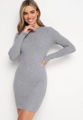 Szara Sukienka Mini z Prążkowanej Sweterkowej Dzianiny o Dopasowanym Fasonie Paulinma. Szare sukienki damskie Born2be, bez wzorów, z bawełny, bez kołnierzyka, bez ramiączek, maxi, dopasowane. W wyprzedaży za 63.99 zł.
