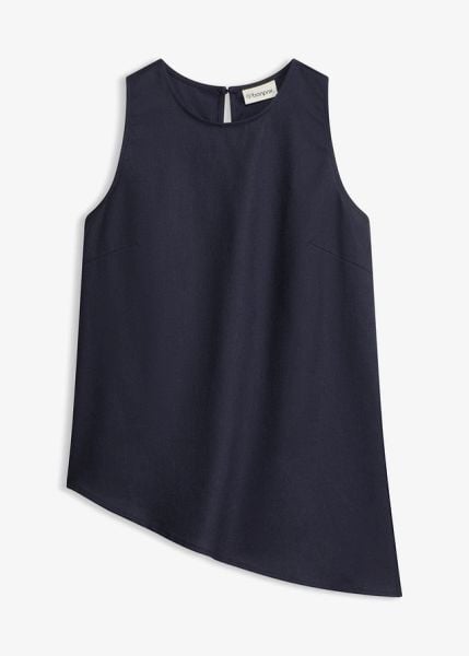 Top z domieszką lnu. Niebieskie topy damskie bonprix, bez wzorów, bez kołnierzyka. Za 59.99 zł.