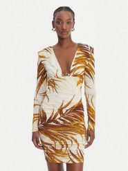 Just Cavalli Sukienka koktajlowa 80PAO957 JS560 Beżowy Slim Fit. Brązowe sukienki damskie Just Cavalli, bez wzorów, z wiskozy, wizytowe, bez kołnierzyka, bez ramiączek. Za 1,464.99 zł.