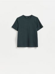 T-shirt z bawełny merceryzowanej - ciemnoszary. Szare t-shirty damskie Reserved, l, bez wzorów, z bawełny, bez kołnierzyka. Za 79.99 zł.