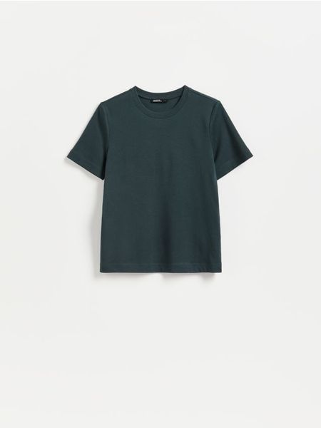 T-shirt z bawełny merceryzowanej - ciemnoszary. Szare t-shirty damskie Reserved, l, bez wzorów, z bawełny, bez kołnierzyka. Za 79.99 zł.