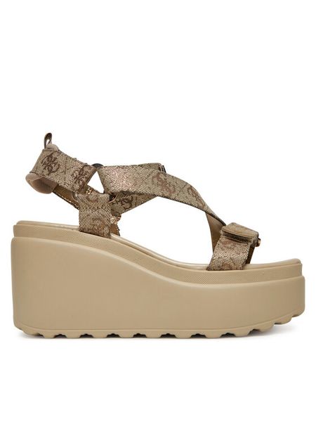 Guess Sandały FLJOCI LEL03 Złoty. Żółte sandały damskie Guess, z aplikacjami, ze skóry, bez obcasa, na koturnie. Za 429.99 zł.