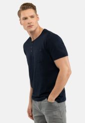 T-shirt z rozpinanym dekoltem T-HUBRIS. Niebieskie t-shirty męskie Volcano, m, bez wzorów, z bawełny, bez kołnierzyka. Za 69.99 zł.