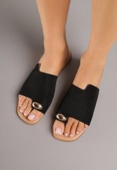 Czarne Klapki Vices Japonki z Metaliczną Ozdobą Arezelia. Czarne klapki damskie Born2be, z aplikacjami, bez obcasa, na płaskiej podeszwie. Za 59.99 zł.