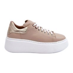 Lemar Damskie Buty Sportowe Skórzane na Platformie Beżowe Milonia beżowy. Brązowe buty sportowe na co dzień damskie bez wzorów, ze skóry. Za 546.21 zł.