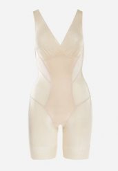 Beżowe Modelujące Body z Kopertowym Dekoltem i Koronką Tivas. Brązowe body damskie Born2be, bez wzorów, z koronki. Za 74.99 zł.