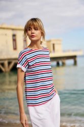 T-shirt w paski granatowy. Niebieskie t-shirty damskie MOODO, l, bez wzorów, z bawełny, bez kołnierzyka. Za 59.99 zł.
