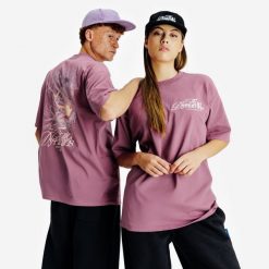 Koszulka z grafiką unisex Relax. Fioletowe t-shirty damskie Decathlon, m, bez wzorów, z bawełny, bez kołnierzyka. Za 89.99 zł.