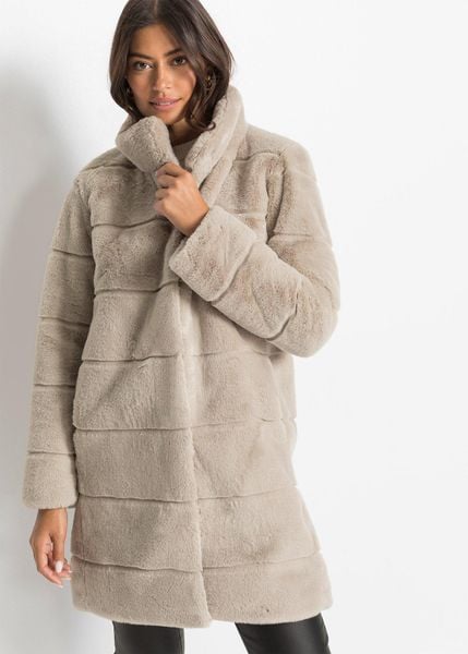 Płaszcz ze sztucznego futra. Szare płaszcze damskie bonprix, bez wzorów. Za 299.99 zł.
