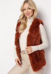 Brązowo-Pomarańczowa Kamizelka Futrzana z Wstawkami z Ekoskóry Batliewa. Brązowe kamizelki damskie Born2be, l, z futra. Za 189.99 zł.