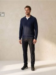 Sweter polo z dekoracyjnym splotem, z imitacją koszulki - granatowy. Niebieskie swetry męskie Sinsay, l, bez wzorów, ze splotem, bez kołnierzyka. Za 69.99 zł.