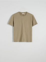 Bawełniany t-shirt regular - oliwkowy. Zielone t-shirty męskie Reserved, l, bez wzorów, z bawełny, bez kołnierzyka. Za 69.99 zł.