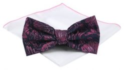Mucha Męska z Poszetką (Zestaw) - Chattier - Granat i Ciemny Róż, Kwiaty. Czerwone krawaty i muchy męskie Chattier, bez wzorów, eleganckie. Za 59.00 zł.