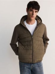 Kurtka z łączonych materiałów - jasny zielony. Zielone kurtki męskie Reserved, l, bez wzorów, z dzianiny, bez kaptura. W wyprzedaży za 99.99 zł.