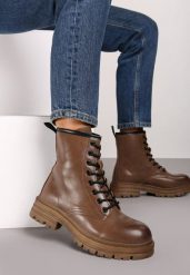 Ciemnobeżowe Botki Workery na Płaskiej Podeszwie ze Sznurowaniem Arstela. Brązowe botki damskie Renee, z jeansu, eleganckie, bez obcasa, na płaskiej podeszwie, bez zapięcia. Za 139.99 zł.