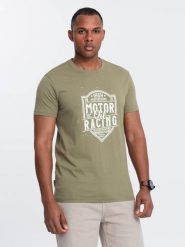 T-shirt męski z nadrukiem w stylu motocyklowym – oliwkowy V2 OM-TSPT-0125 - L. Zielone t-shirty męskie Ombre Clothing, l, bez wzorów, z bawełny, bez kołnierzyka. W wyprzedaży za 29.99 zł.