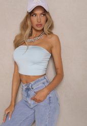 Jasnoniebieski Top z Elastycznej Tkaniny z Gumką z Tyłu Fynla. Niebieskie topy damskie Renee, l, bez wzorów, z tkaniny, bez kołnierzyka. Za 44.99 zł.