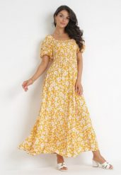 Żółta Rozkloszowana Sukienka Maxi w Kwiaty Casceia. Żółte sukienki damskie Born2be, m, bez wzorów, bez kołnierzyka, bez ramiączek, maxi, rozkloszowane. W wyprzedaży za 71.99 zł.