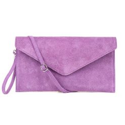 Włoska Kopertówka Skórzana Zamszowa Wieczorowa Fioletowa N12. Fioletowe torebki wieczorowe bez wzorów, z zamszu, eleganckie, bez kołnierzyka, bez ramiączek. Za 99.99 zł.