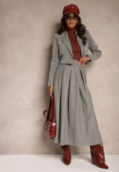 Szara Spódnica o Rozkloszowanym Kroju z Dodatkowym Paskiem i Zakładkami Lorieva. Szare spódniczki damskie Renee, bez wzorów, eleganckie, maxi, rozkloszowane. Za 99.99 zł.