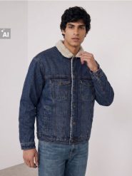 Kurtka jeansowa sherpa - granatowy. Niebieskie kurtki męskie Sinsay, l, bez wzorów, z jeansu, bez kaptura. Za 139.99 zł.