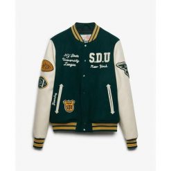 Kurtka Superdry Vintage Varsity. Zielone kurtki męskie Superdry., m, z aplikacjami, ze skóry, klasyczne, bez kaptura. Za 850.10 zł.