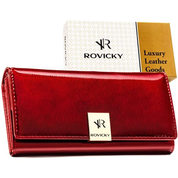 Duży portfel damski z lakierowanej skóry naturalnej w czerwonym kolorze zamykany na zatrzask - Rovicky. Czerwone portfele damskie ROVICKY, bez wzorów, ze skóry. Za 83.99 zł.